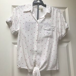 White and red polka dot short sleeve shirt